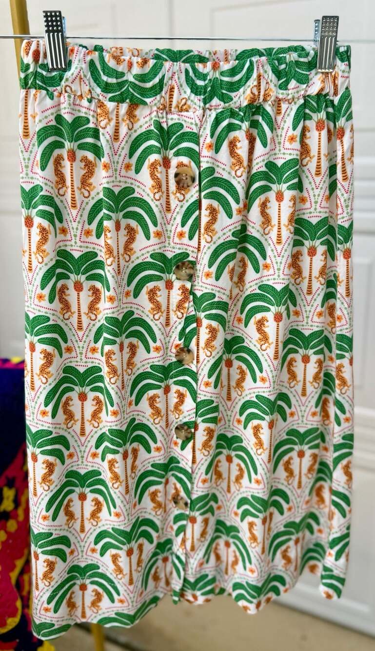 Classic Concept Palm Tree and Leopard Print Button-Down Viscose Skirt